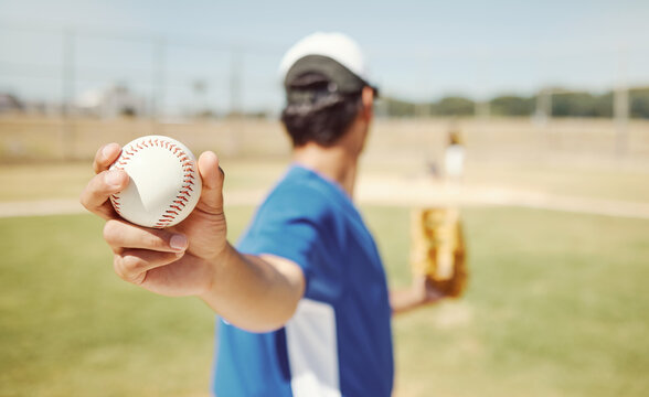 Baseball, Pitcher Training And Baseball Player Workout On Field Outdoors. Athlete Man Fitness Motivation, Professional Sports Health And Wellness Exercise With Ball Or Getting Ready For Softball Game