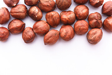 Hazelnuts isolated on white background. Top view. Flatlay