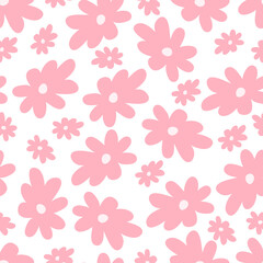 Seamless pattern with hand drawn cute pink flowers on a white background. Doodle, simple flat illustration. It can be used for decoration of textile, paper.