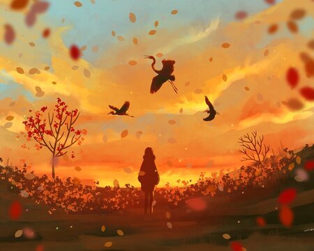 Silhouette of a girl on the background of an autumn sunset