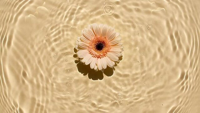 Sunflower flowers, gerbera petals flowers on water surface with drops. Splash yellow colored. Pure water with reflections sunlight and shadows. Valentines day texture. Advertising product. FullHD 