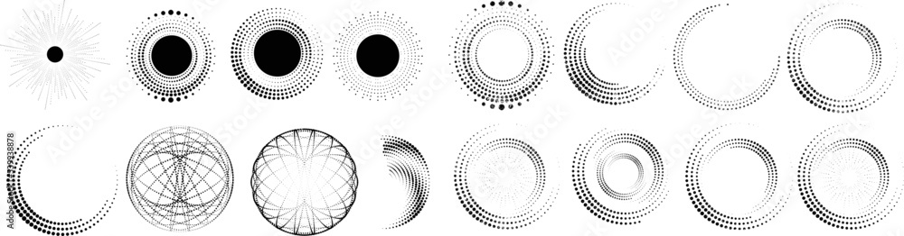 Poster abstract geometric circles with halftone dots. vector rotating dotted line design . transparent desi