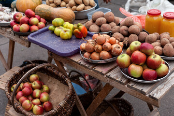 Vegetable market stall in the street market. Trade in seasonal goods at the street market