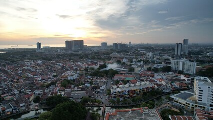 Malacca, Malaysia - October 16, 2022: Aerial View of the Malacca River Cruise