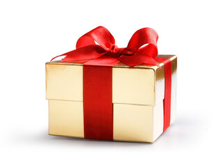 Isolated gift golden box with a red bow on a white background; transparent background