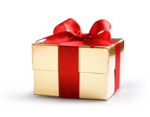 Isolated gift golden box with a red bow on a white background; transparent background