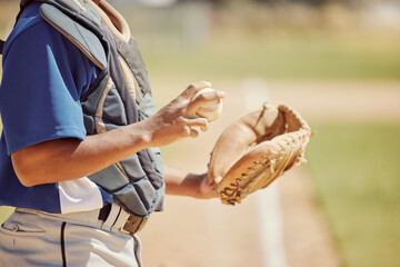 Baseball pitcher, sports and man athlete with ball and glove ready to throw at game or training....
