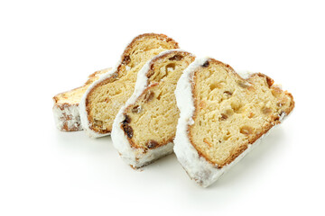 Stollen, tasty German dessert, isolated on white background