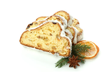 Stollen, tasty German dessert, isolated on white background