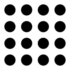 Black circles, polka dot pattern. 16 filled shapes, no stroke, 4x4 grid. Isolated png illustration, transparent background. Asset for overlay, montage, collage, presentation, mark making.