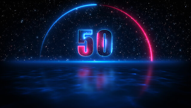 Futuristic Blue Red Shine Number 50 In Half Circle Lines Neon Sign With Light Reflection On Blue Water Surface Starry Night Sky