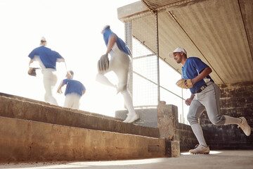 Sports, baseball dugout or team running into championship game, competition or practice match. Group of men, athlete or baseball player ready for cardio exercise, fitness workout or teamwork training - obrazy, fototapety, plakaty