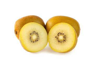 Gold kiwi fruit and two half kiwi fruit isolated on white background .