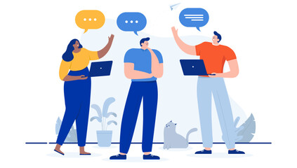 Work conversation - Team of three people talking and having conversation at work. Flat design cartoon vector illustration with white background