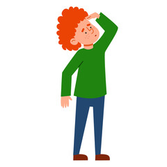 The character of a red - haired boy with freckles looks into the distance . Vector illustration in a flat style on an isolated white background.