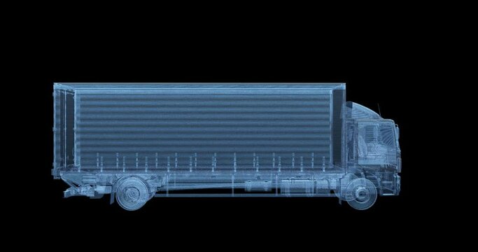 Truck isolated on the black background with alpha channel for overlay design or screen blending video editing hologram or futuristic Hud concept 4K footage of 360 rotating white line wireframe