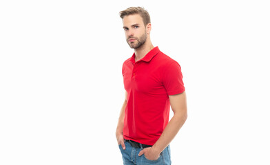 man wearing red shirt. studio shot of man with bristle. young man with stubble isolated on white