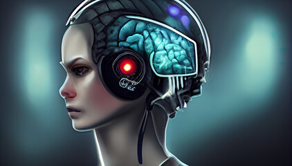 Big data and artificial intelligence concept. Machine learning and cyber mind domination concept. Robot cyborg. 3D illustration