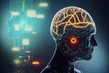Obraz premium Big data and artificial intelligence concept. Machine learning and cyber mind domination concept. Robot cyborg. 3D illustration