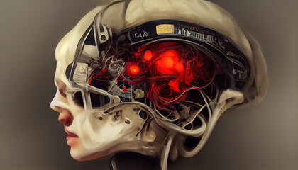 Fototapeta premium Big data and artificial intelligence concept. Machine learning and cyber mind domination concept. Robot cyborg. 3D illustration