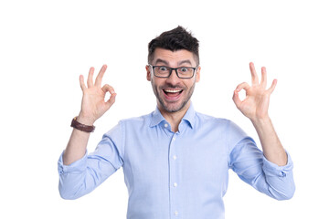 smiling businessman show ok isolated on white background. businessman in studio.