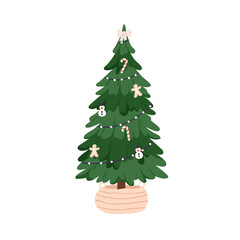 Xmas tree decorated with garland, baubles. Christmas fir growing in wicker basket. Traditional live firtree with festive ornament, toys, candies. Flat vector illustration isolated on white background - obrazy, fototapety, plakaty