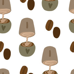 Seamless pattern with coffee and milk and coffee beans