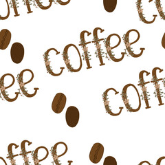 Seamless pattern with coffee inscription and coffee beans
