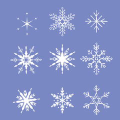 Snowflakes set. Snowflakes collection for design Christmas and New Year banner and cards. Winter set of white snowflakes isolated on purple background. Vector illustration