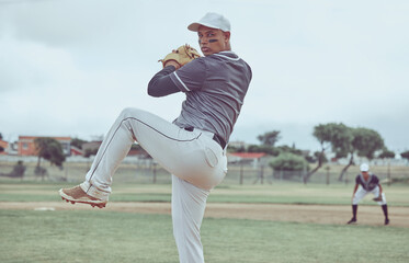 Obraz premium Baseball, sports and man throwing a ball during a professional game on a field with a team. Athlete pitching during an event for sport, competition or training with focus, balance and speed at a park