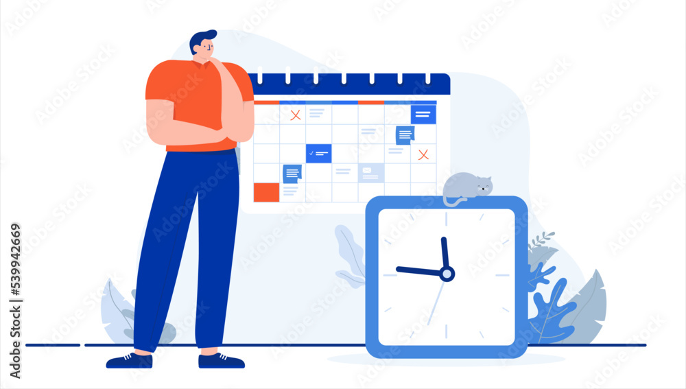 Leinwandbilder man with clock and calendar - working person in office doing time management and planning. flat desi