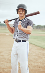 Baseball player, thumbs up and success for sports game on stadium pitch, field and arena for...
