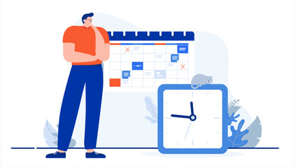Man with clock and calendar - Working person in office doing time management and planning. Flat design cartoon vector illustration with white background