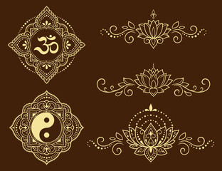 Set of Eastern ethnic religious symbols. Mandala with OM mantra, Yin Yang, Lotus flower. Decorative pattern for henna, mehndi, tattoos, room decoration. Outline doodle vector illustration.
