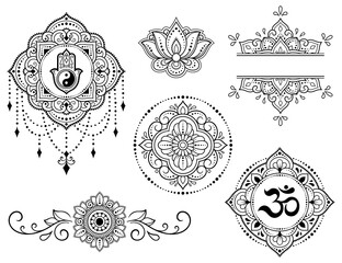 Set of Eastern ethnic religious symbols. Mandala with OM mantra, Yin Yang, Lotus flower. Decorative pattern for henna, mehndi, tattoos, room decoration. Outline doodle vector illustration. - obrazy, fototapety, plakaty
