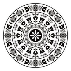 Scandinavian folk art vector mandala design, cute pattern with flowers retro style in black on white background
