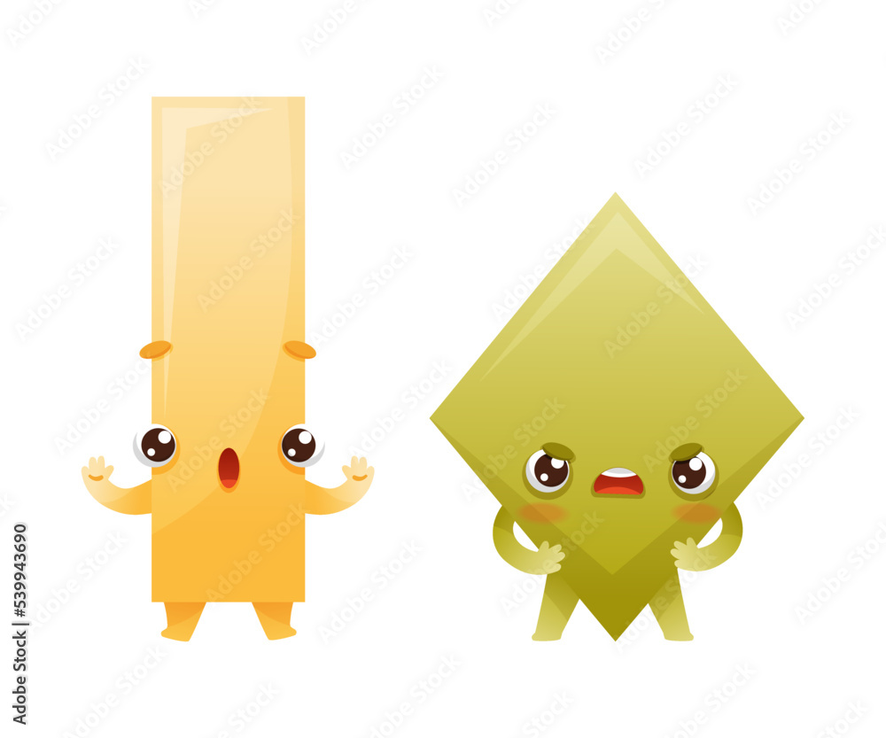 Poster funny rectangle and rhombus as geometric shape character with surprised and angry face expression ve