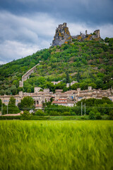 View on the medieval village of Rochemaure and its fortress in the South of France (Ardeche)