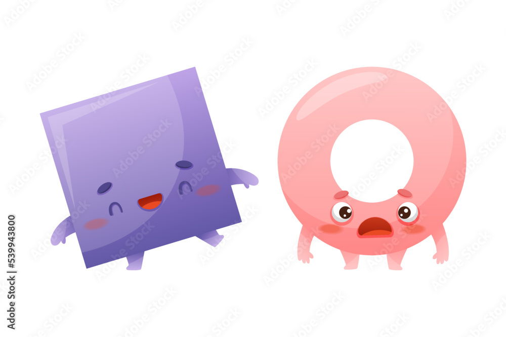 Poster funny square and torus as geometric shape character with happy and scared face expression vector set