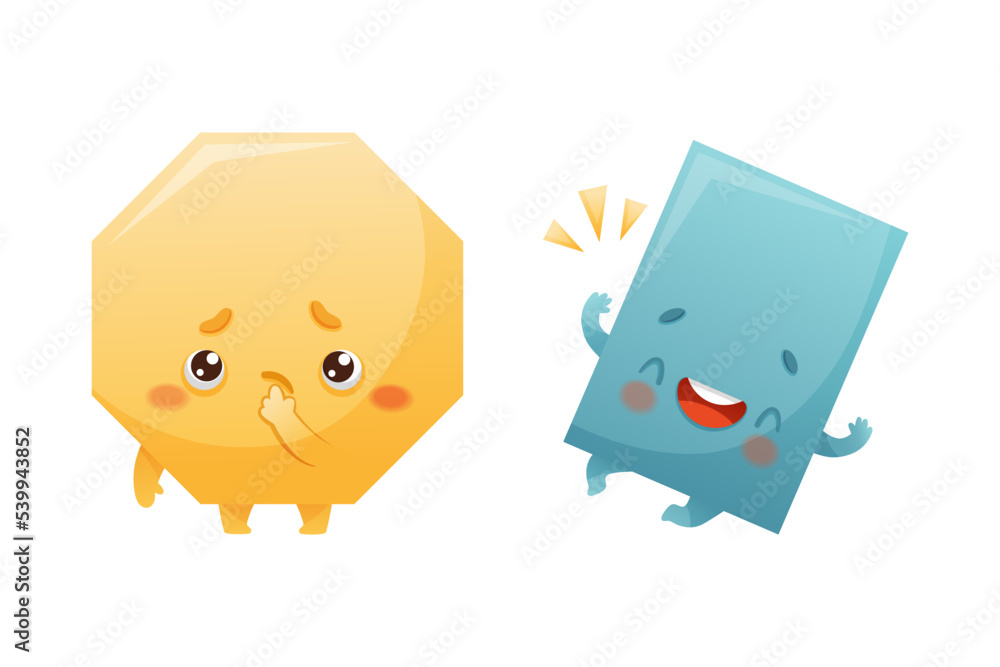 Poster funny polygon and rectangle as geometric shape character thinking and laughing vector set