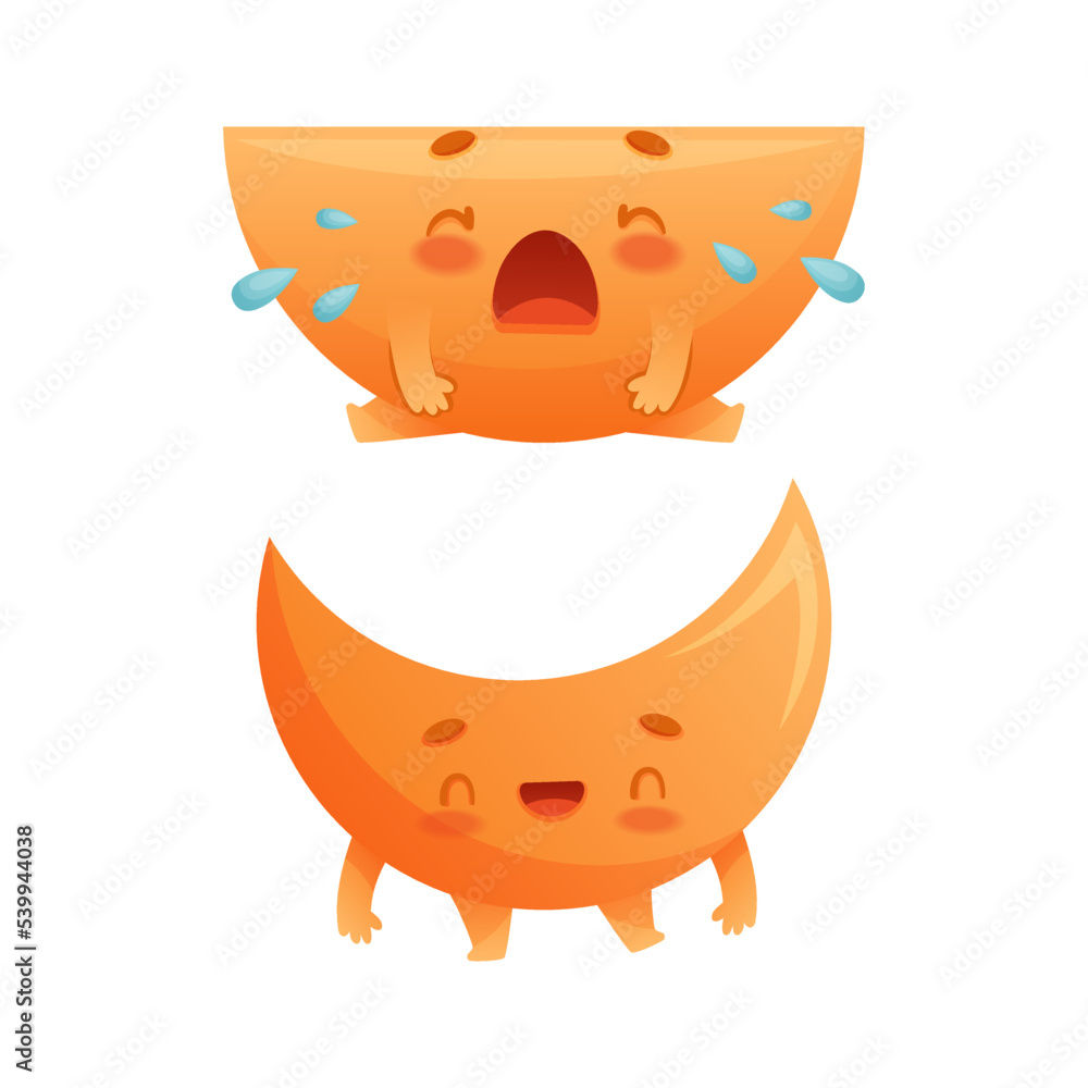 Poster funny crescent and semicircle as geometric shape character crying and smiling vector set