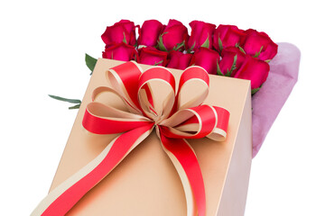 Many red roses arranged into a gift box on a white scene. As a gift in the festival