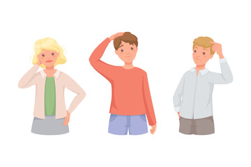 Fototapeta premium Pensive Man and Woman Character Scratching Head Thinking and Considering Something Vector Illustration Set