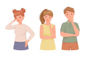 Fototapeta premium Pensive Man and Woman Character Scratching Head Thinking and Considering Something Vector Illustration Set