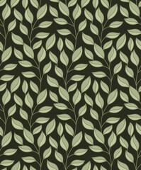 Fototapeta premium Pattern with intertwined branches with foliage on dark green background. Vector herbal texture with doodle hand drawn leaves and stems