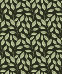 Pattern with intertwined branches with foliage on dark green background. Vector herbal texture with doodle hand drawn leaves and stems