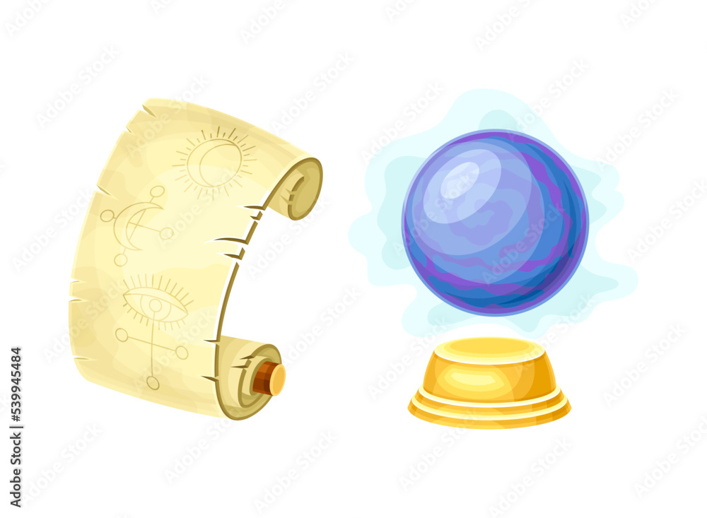 Poster old paper scroll with spell symbol and crystal ball as magical object and witchcraft item vector set