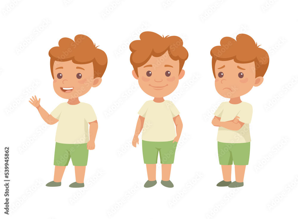 Poster little redhead boy having different face emotion and gesture vector set