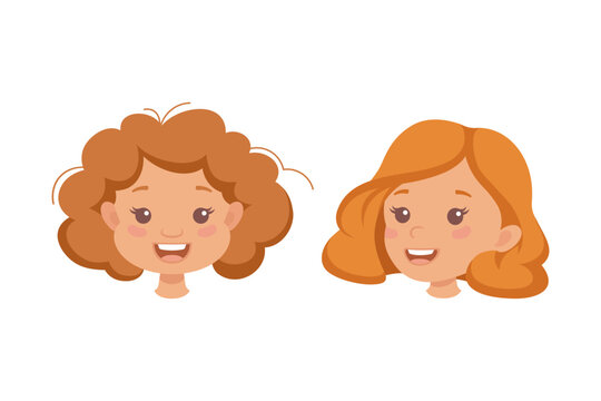 Little Redhead Girl Character Face Feeling Different Emotion Vector Set