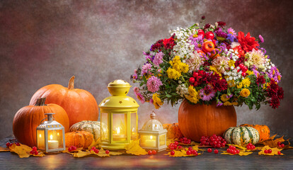 Happy Thanksgiving concept. vegetables, a lantern, candles and beautiful autumn flowers in a pumpkin vase